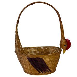 Rustic Rooster Woven Basket Handle Home Kitchen Decor Storage Farmhouse Style